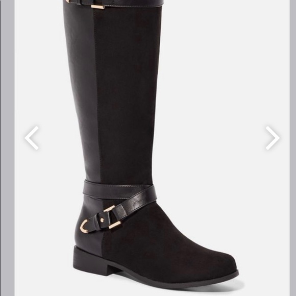 Black Riding Faux Leather Buckle Strap Flat Boots - Picture 2 of 5